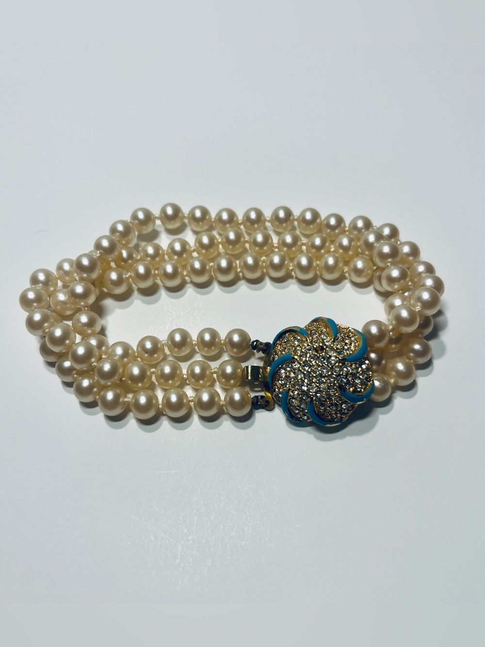 Vintage Faux Pearl Triple Strand Bracelet with Aqua Enamel and Gold Tone Clasp